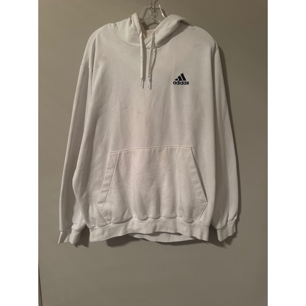 Adidas Essentials Fleece Hoodie White Pullover Sweatshirt Mens XL Embroidered